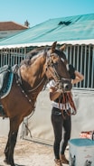A person is tending to a brown horse near a stable with a green canopy roof. The horse is adorned with a black Western-style saddle and intricate leather harness. The scene appears to be in an outdoor stable area with a few visible buildings in the background.