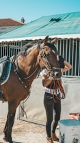 A person is tending to a brown horse near a stable with a green canopy roof. The horse is adorned with a black Western-style saddle and intricate leather harness. The scene appears to be in an outdoor stable area with a few visible buildings in the background.