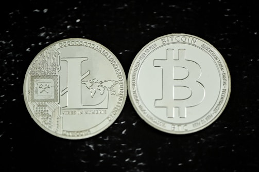 Two metallic coins are displayed against a black background. One coin features the Litecoin symbol with intricate circuit designs and a map of the world, while the other coin features the Bitcoin symbol. Both coins have detailed engravings and a shiny finish.