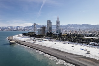 an aerial view of a beach with a city in the background