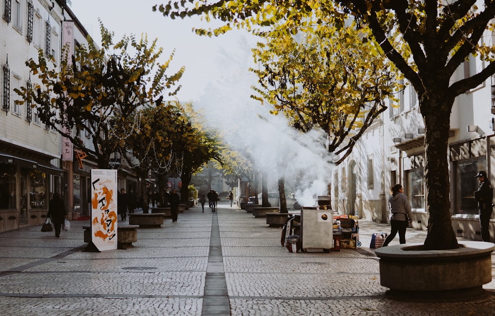 a man walking down a street next to a tree