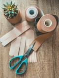 On a wooden surface, a small potted succulent plant sits beside rolls of brown and beige adhesive bandages. A pair of turquoise-handled scissors lies nearby, with some bandage strips laid out flat.