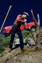 A busy handyman fixing a fence with various tools on a vibrant green lawn.