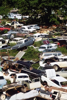A densely packed junkyard filled with various old and rusted cars. Some vehicles have missing parts like doors and hoods. The cars are stacked haphazardly, surrounded by overgrown grass and trees.