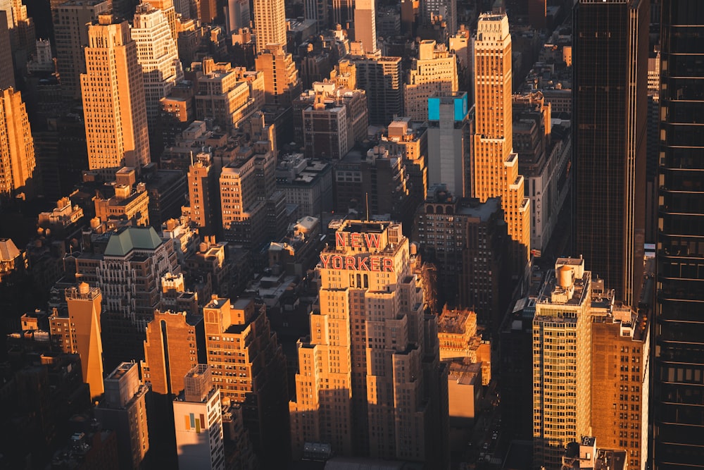 an aerial view of a city with tall buildings