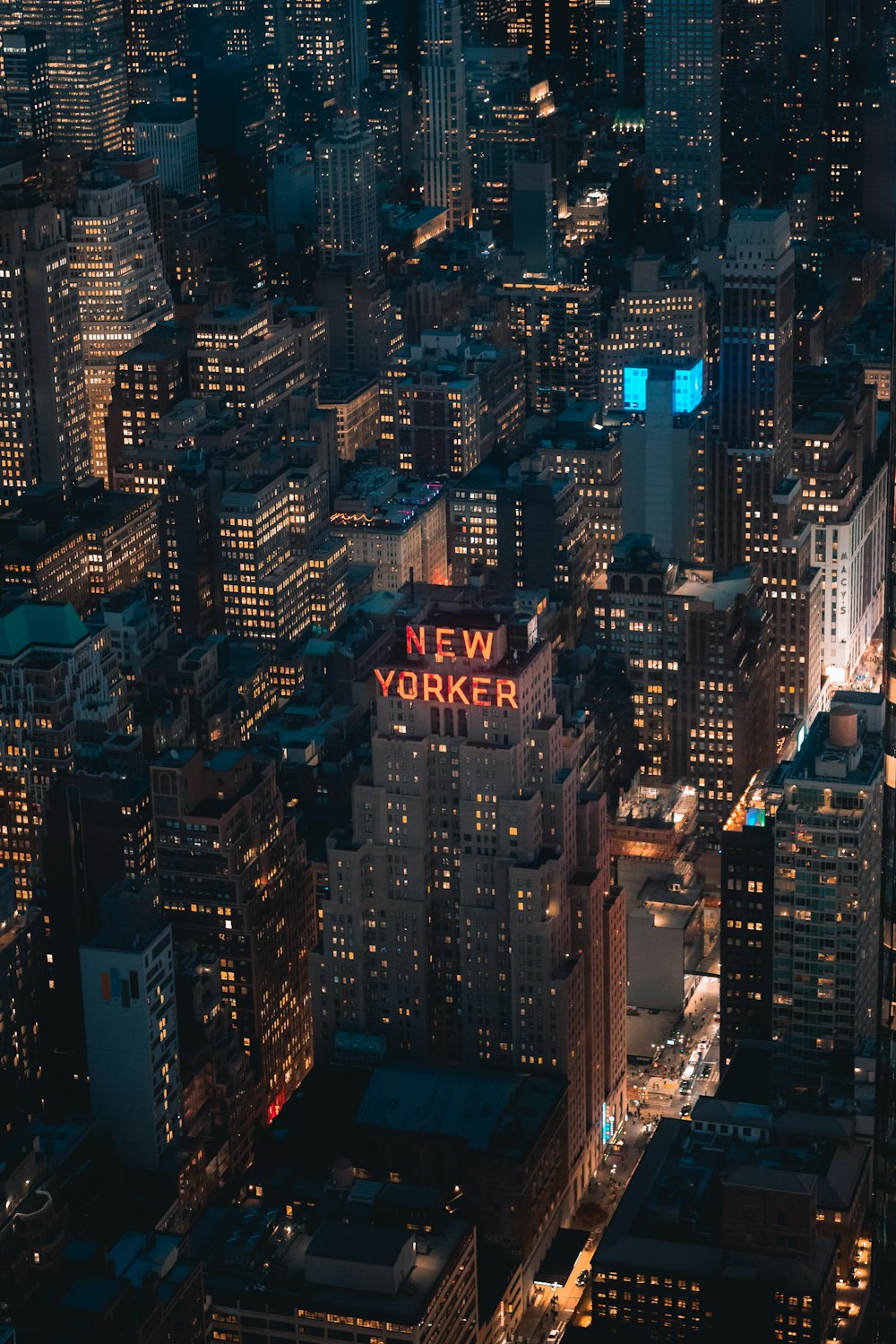 an aerial view of a city at night