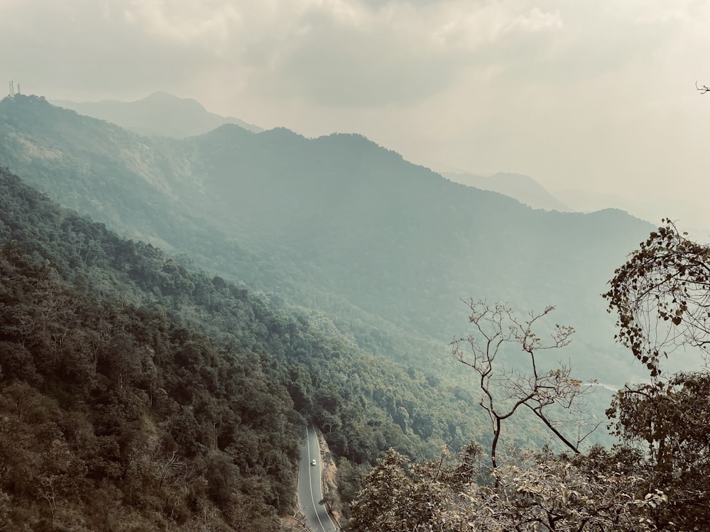 a scenic view of a road in the mountains