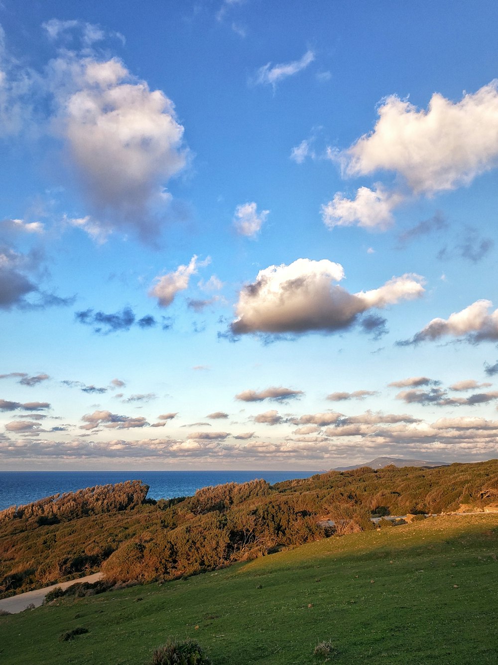 a green field with a few clouds in the sky