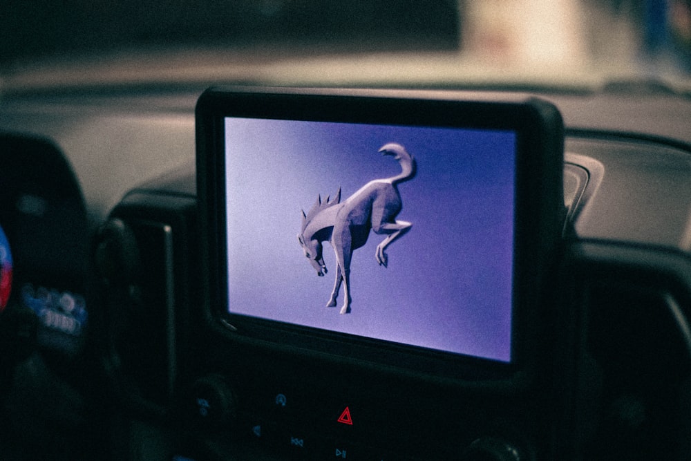 a car dashboard with a picture of a bird on the screen