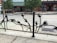 A decorative metal fence features silhouettes of hands reaching outwards in various directions. Behind the fence, there is a street scene with trees, a bicycle, and shops including one with a green and white striped awning labeled 'Hill Market'. The environment is urban and appears calm.