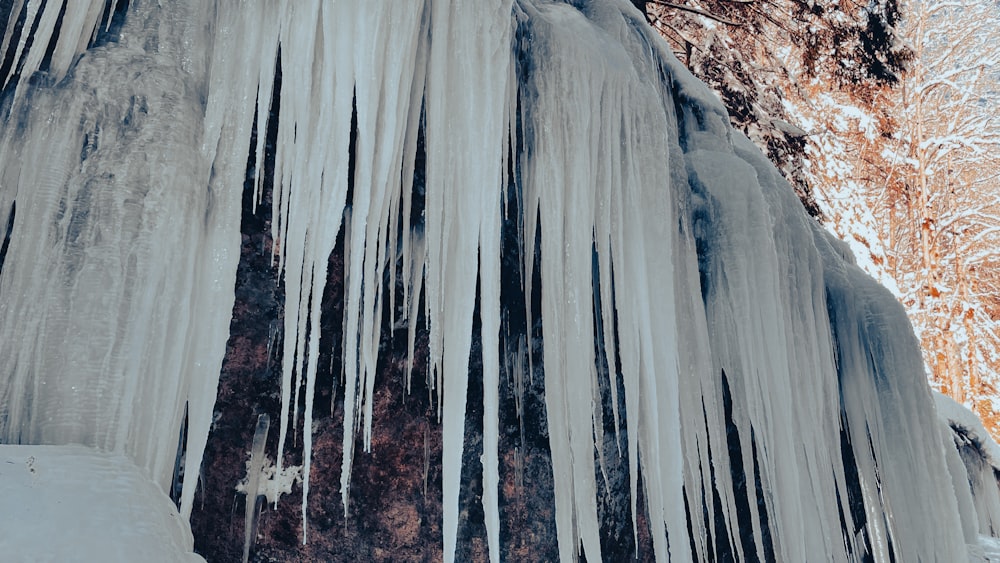 une cascade gelée avec des glaçons suspendus sur ses flancs