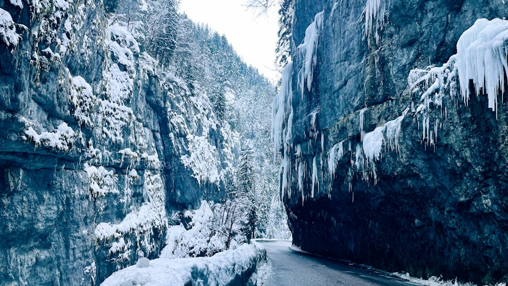 a narrow road is covered in ice and icicles