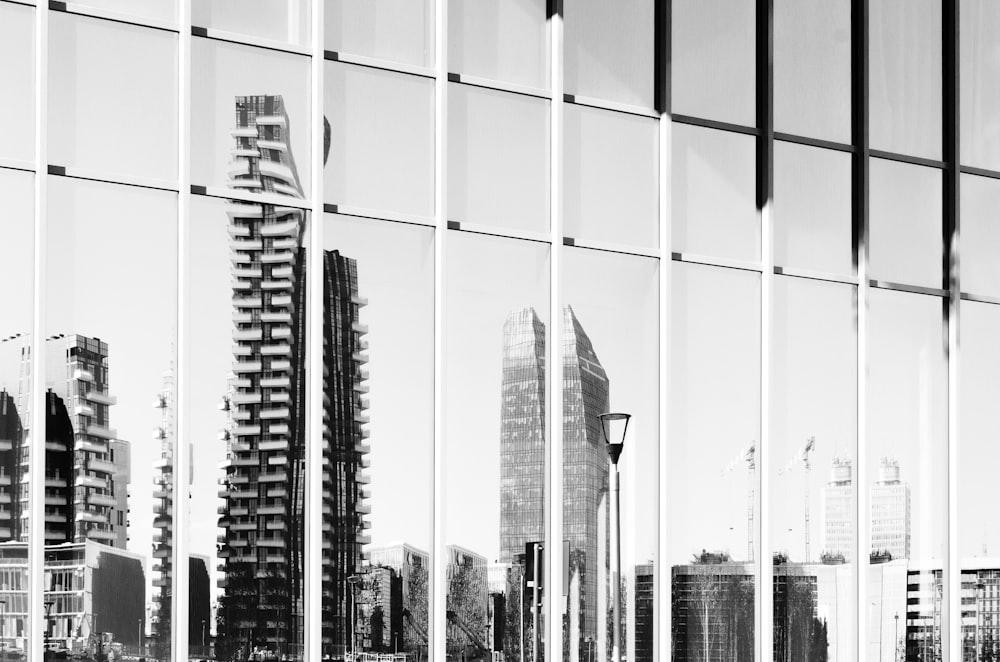 a black and white photo of a city with skyscrapers