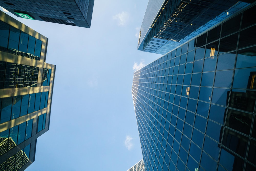 looking up at tall buildings in a city