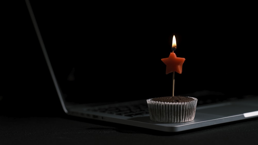 a cupcake with a candle sticking out of it