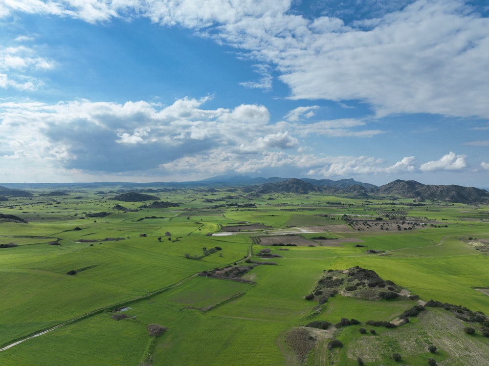 an aerial view of a green field with mountains in the background