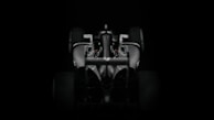Realistic 3D image of a Formula 1 car racing with neon lights on a dark background