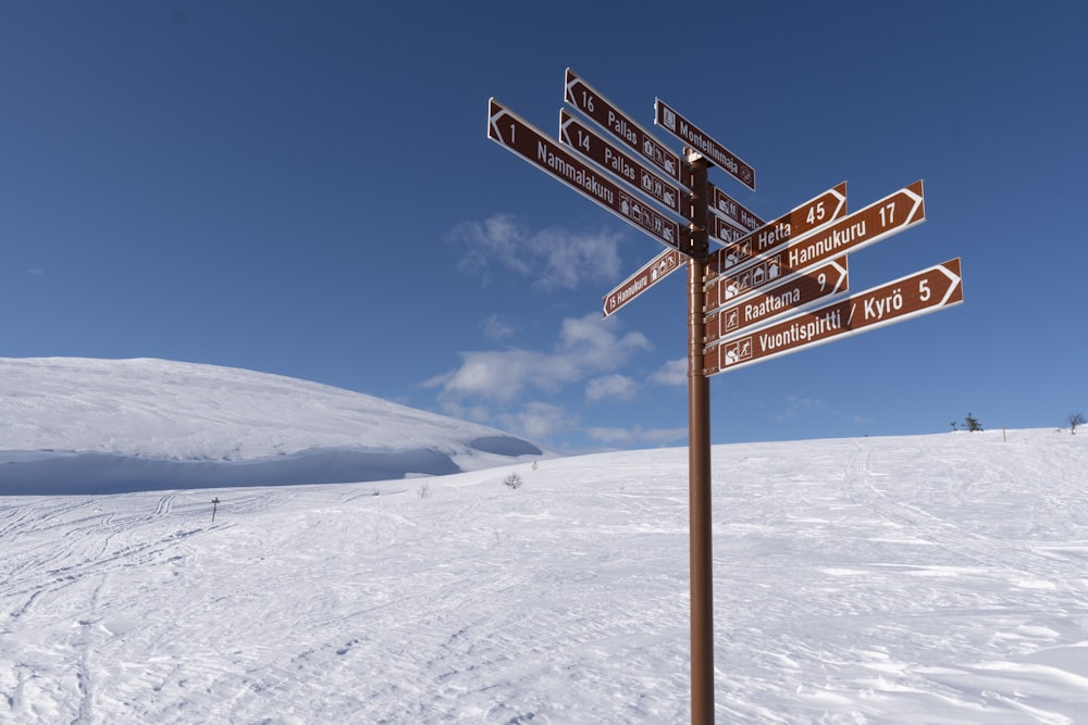 a pole with many signs on it in the snow