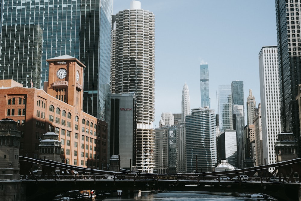 a river runs through a city with tall buildings