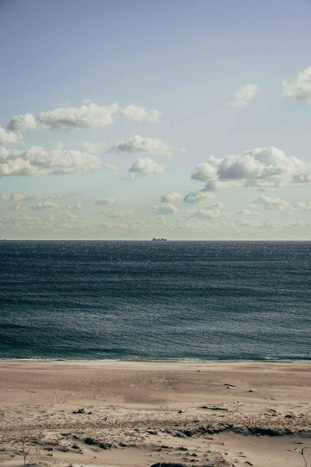 a beach with a boat in the distance