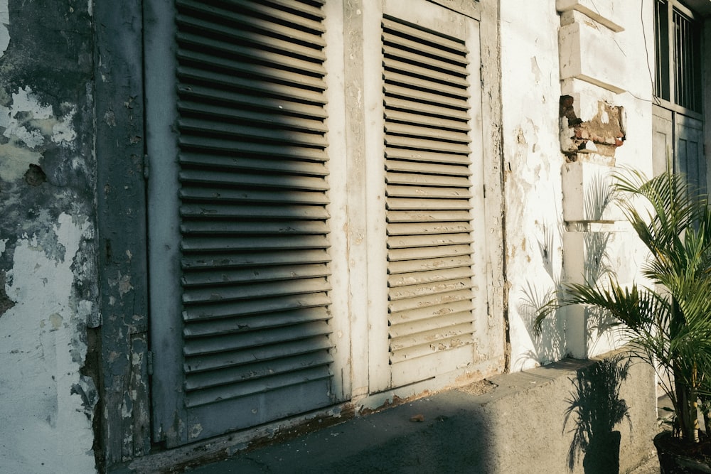 an old building with shutters and a potted plant