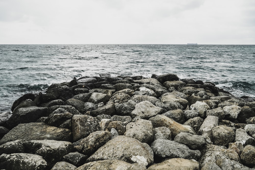 a large body of water sitting next to a rocky shore