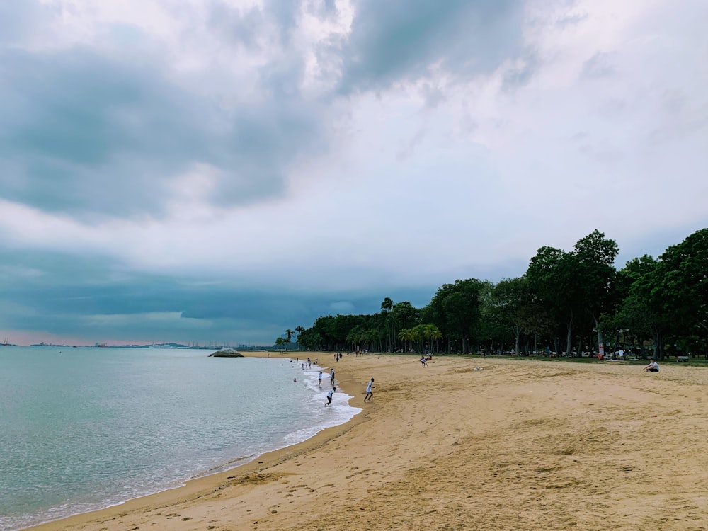 a sandy beach with people walking on it under a cloudy sky