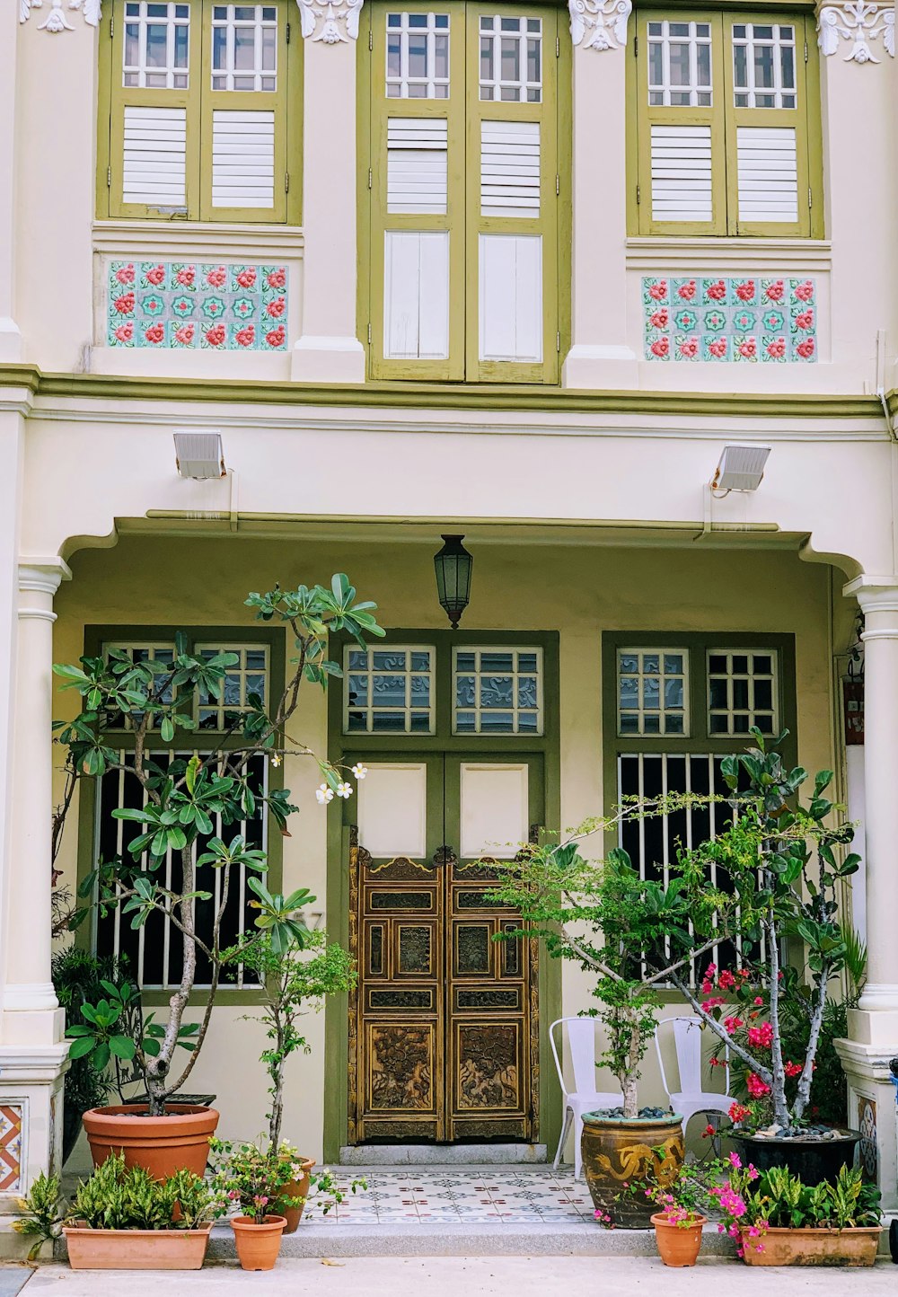 a house with potted plants in front of it