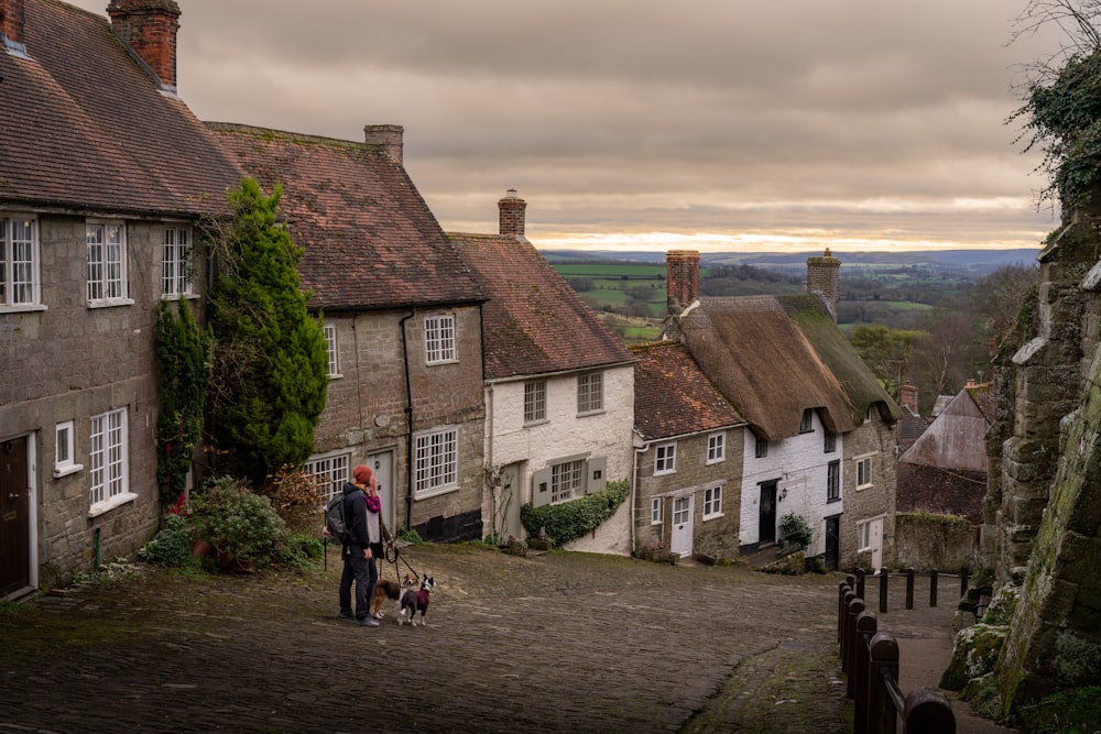 a man and a dog walking down a cobblestone street