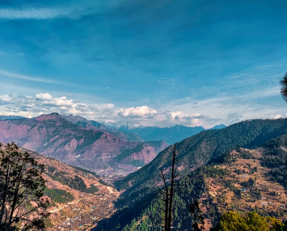 a view of a valley with mountains in the background