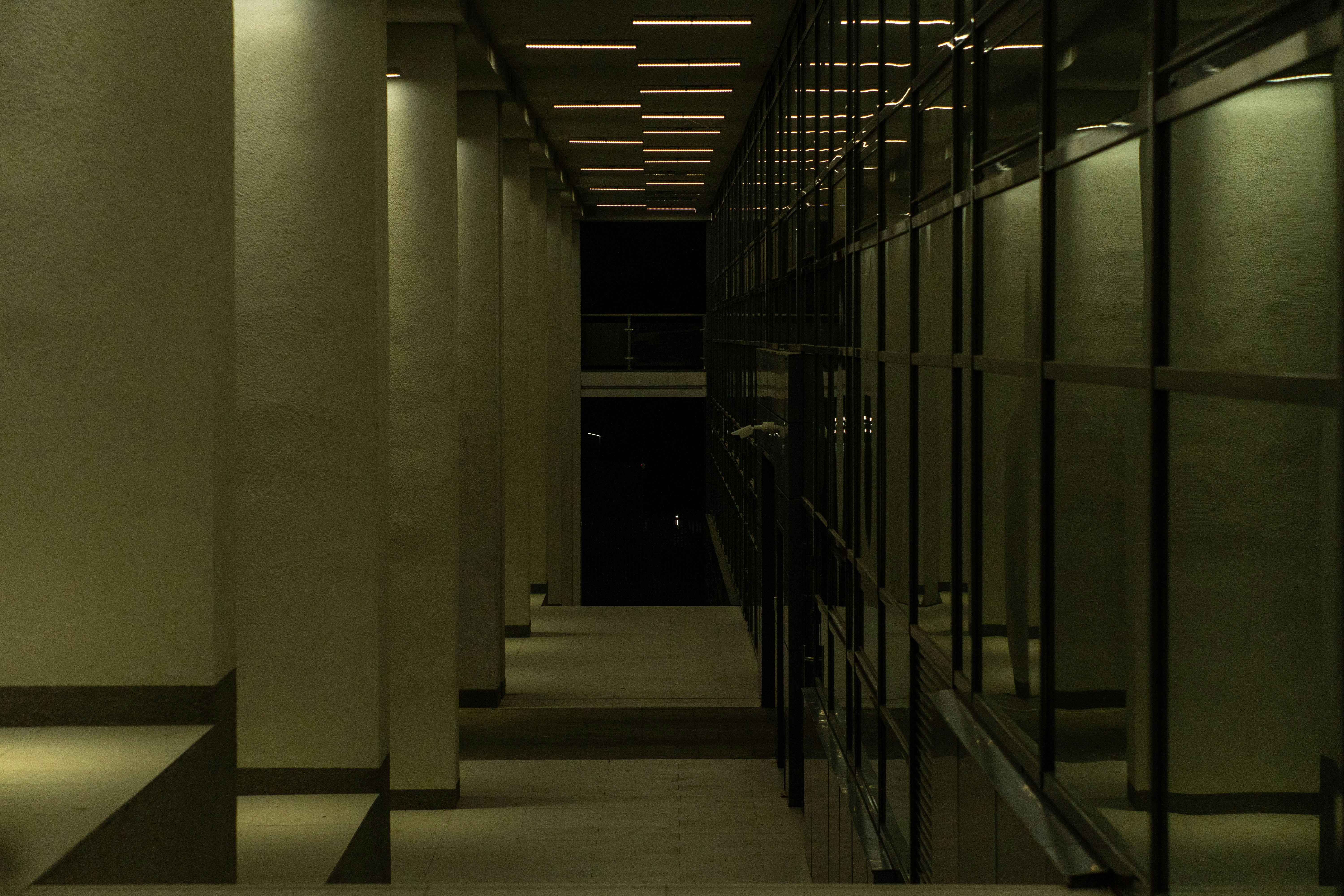 Dimly lit office hallway