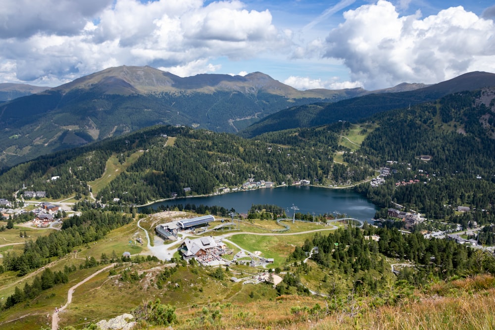 a scenic view of a lake surrounded by mountains