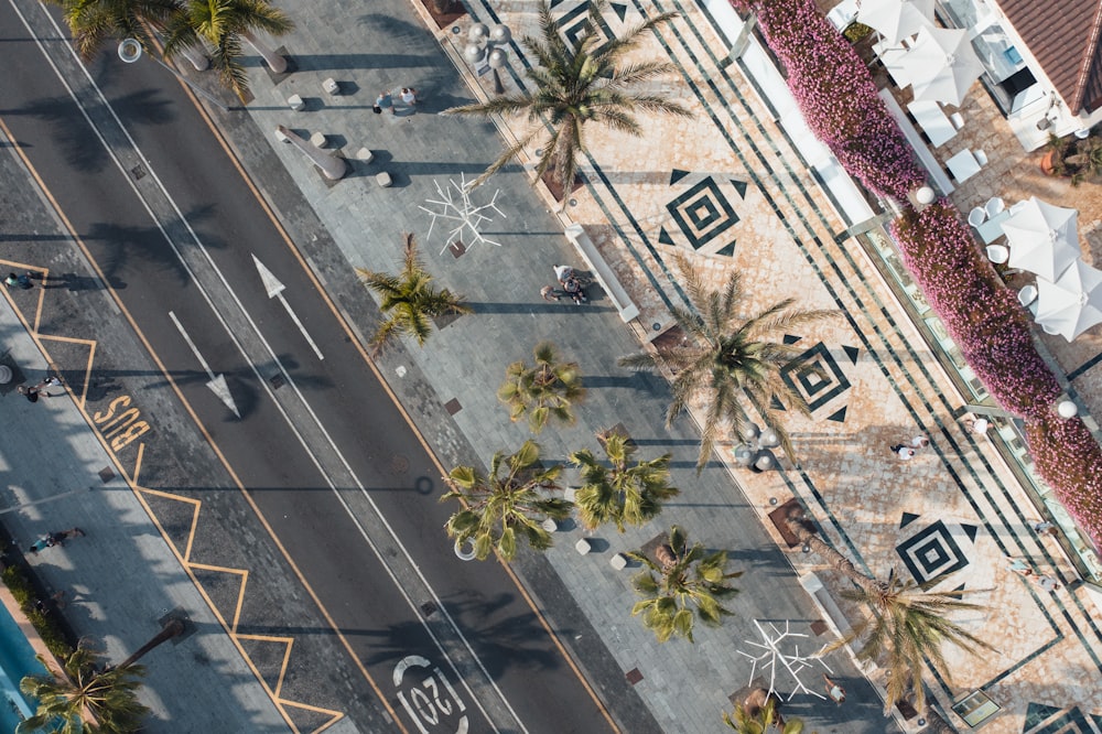 an aerial view of a street with palm trees