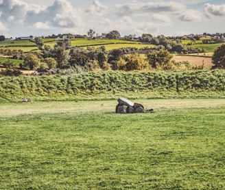 a cairn in the middle of a field