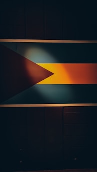 A flag is prominently displayed against a dark background. The flag features a black triangle on the left, followed by a wider horizontal middle section in aquamarine, and a golden-yellow section on the right.