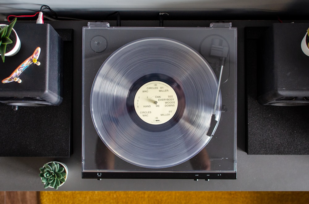a record player sitting on top of a table