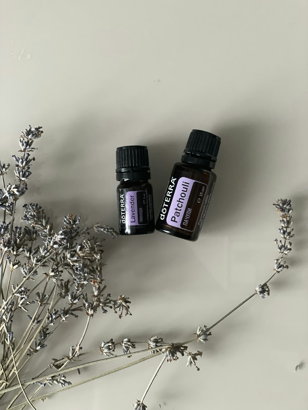 two bottles of essential oils sitting next to a plant