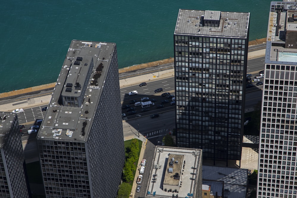 an aerial view of a city with tall buildings