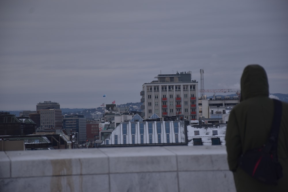 a person standing on a ledge overlooking a city