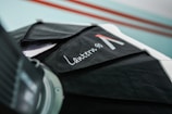 a close up of a black and white umbrella