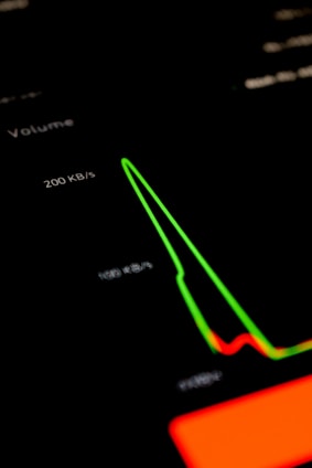 A digital chart display featuring a green line graph against a dark background, with data units labeled in white text. The line graph suggests an analysis of data volume, with sharp peaks and valleys. The lower portion of the graph is highlighted in red, indicating critical data points or alerts.
