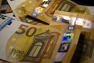 a pile of 50 euro bills sitting on top of each other