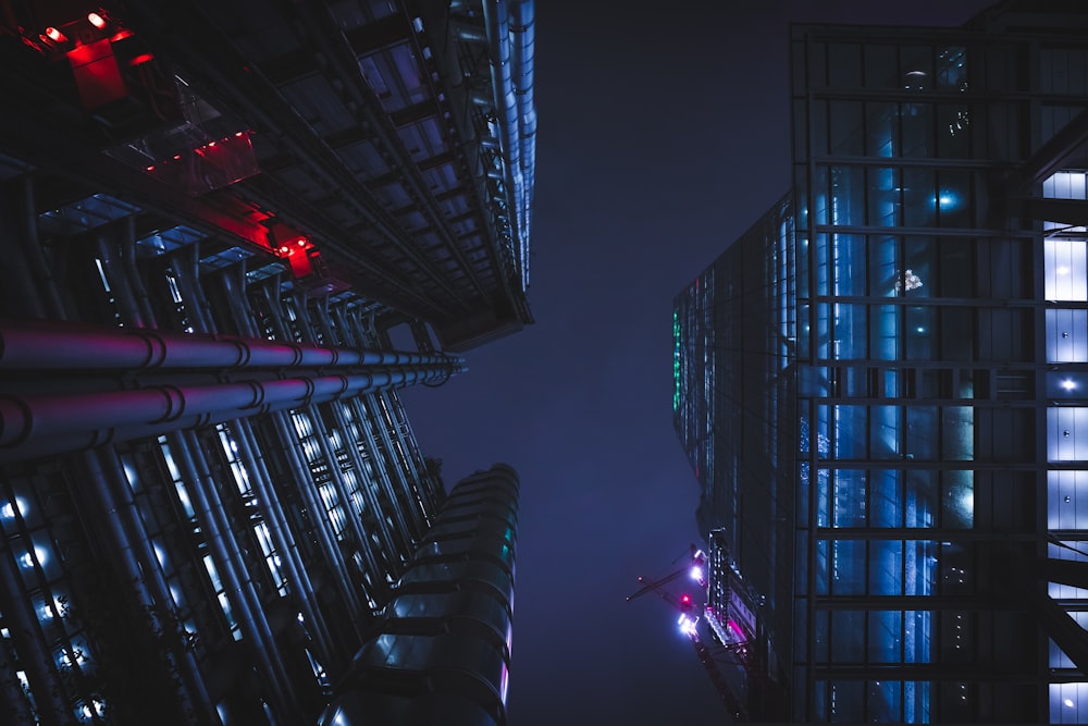 a view of a city at night from the ground