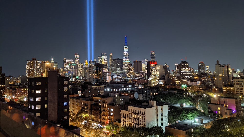 a view of a city skyline at night