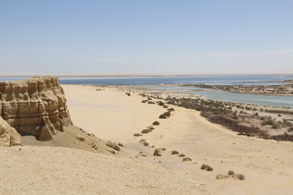 a view of a sandy beach with a body of water in the distance