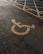 A parking lot is marked with a yellow wheelchair accessibility symbol painted on the asphalt. White lines create boundaries and designate parking spaces.
