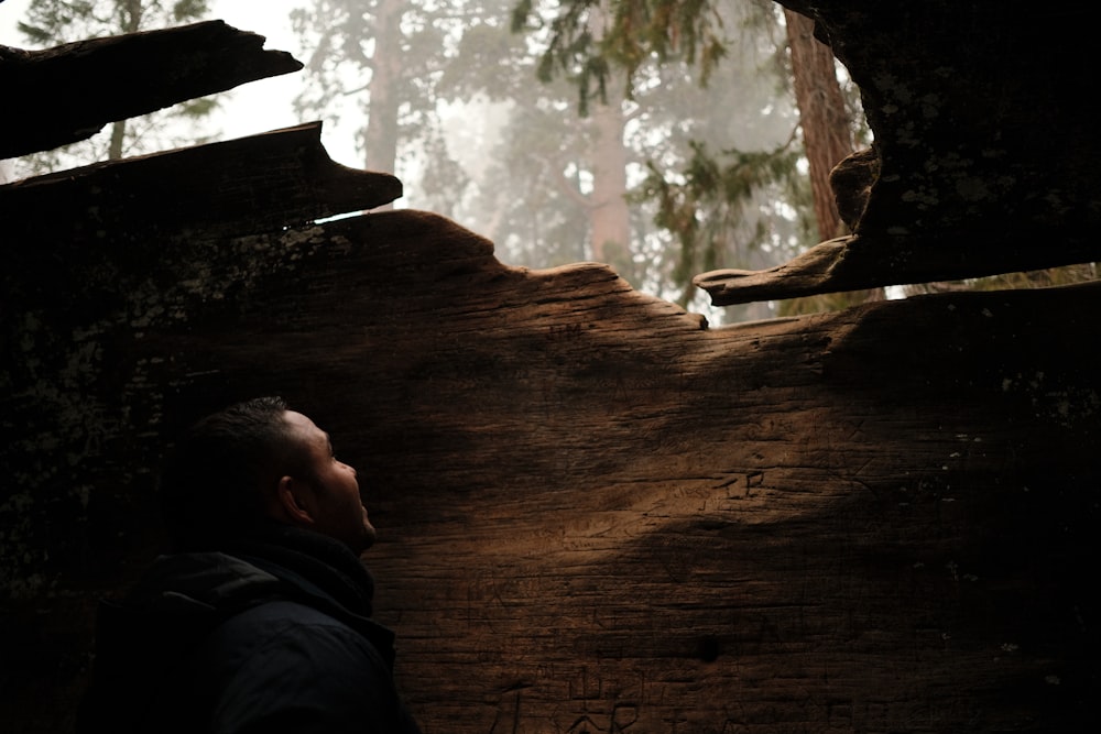 a man standing next to a fallen tree in a forest