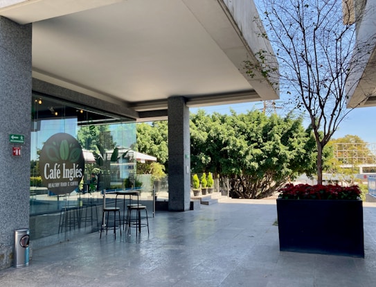 An outdoor patio area of a caf&eacute; featuring a glass window with the Caf&eacute; Ingl&eacute;s logo. There are tall glass doors beside a small table with two metal stools. A tree with red flowers in a large pot is seen to the right, providing a contrast to the gray stone surface. Lush green bushes and other trees are visible in the background, adding a natural feel to the scene.