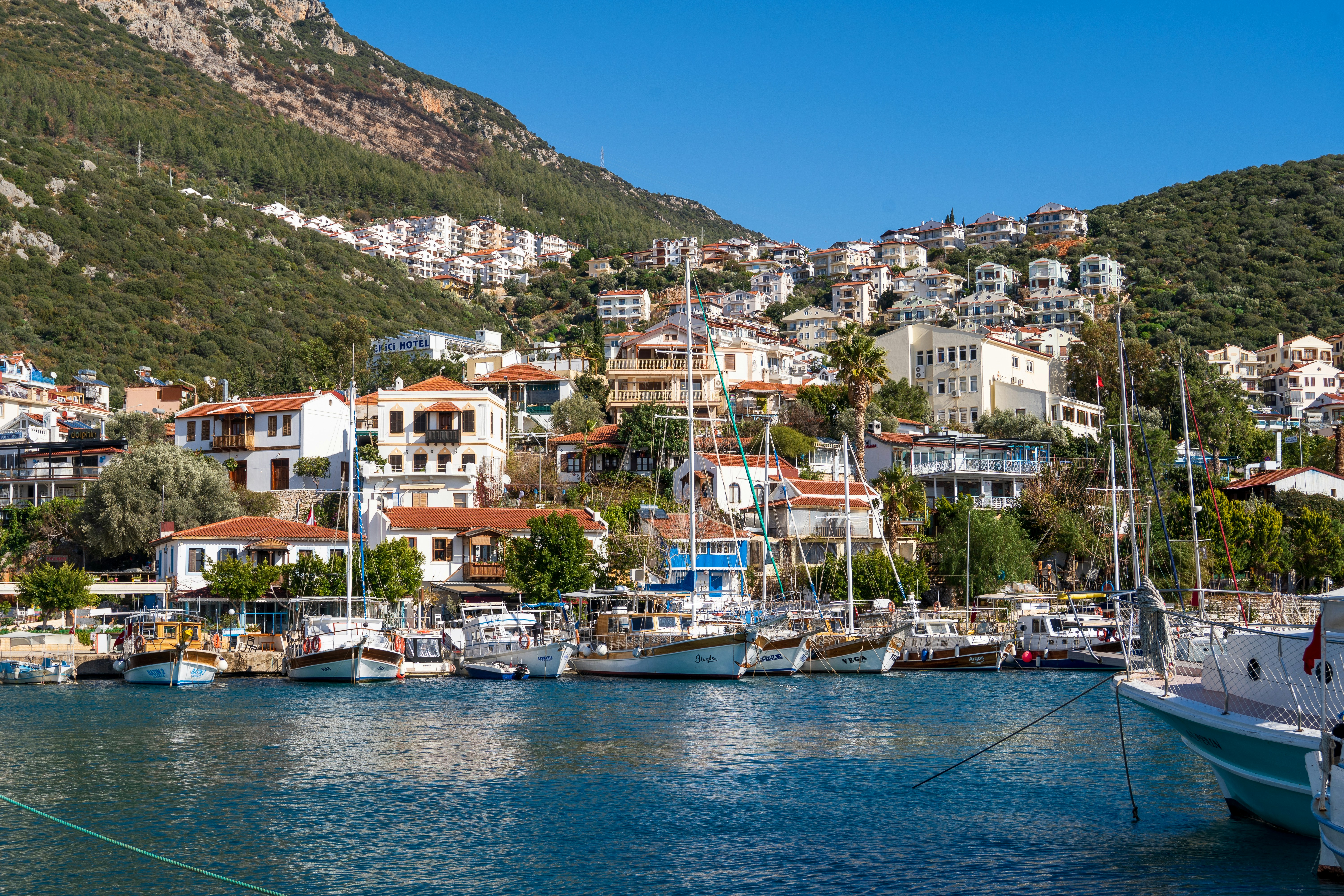 a harbor filled with lots of boats next to a hillside