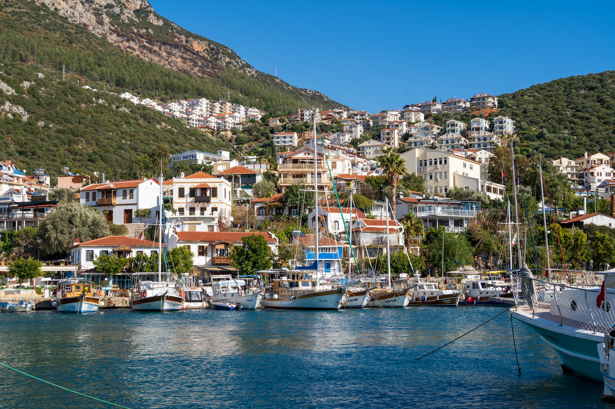 a harbor filled with lots of boats next to a hillside